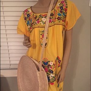 Yellow Hand embroidered Mexican peasant dress